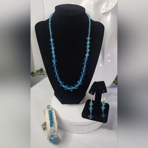 Aqua Blue Cut Crystal Faceted Rondelle Bead Necklace Bracelet Earrings Set